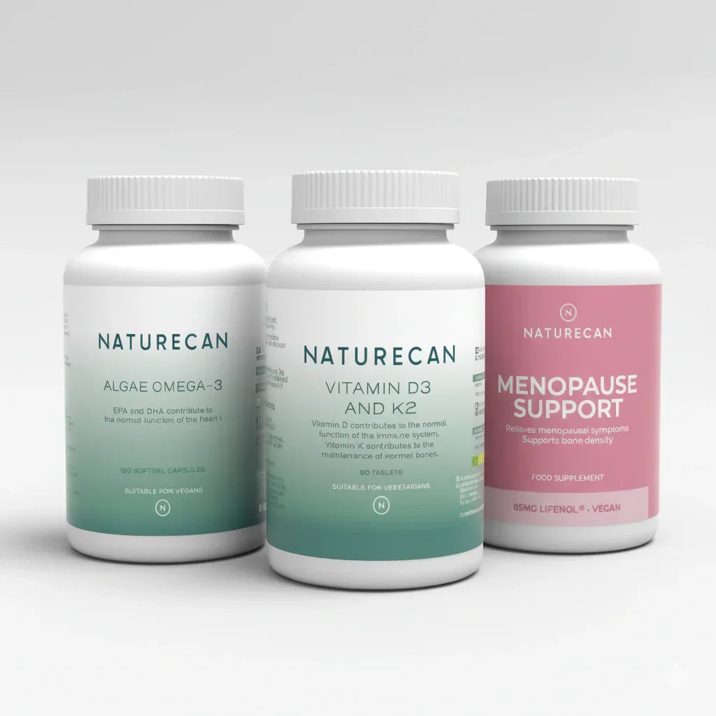 Three Naturecan supplement bottles on a white background