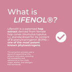 What is Lifenol? infographic – pink background explaining Lifenol is a patented hop extract from female hop cones (Humulus lupulus L.) standardised for 8-prenylnaringenin (8-PN), one of the most potent known phytoestrogens; extraction uses supercritical CO2 ethanol and water; non-GMO vegan kosher allergen-free