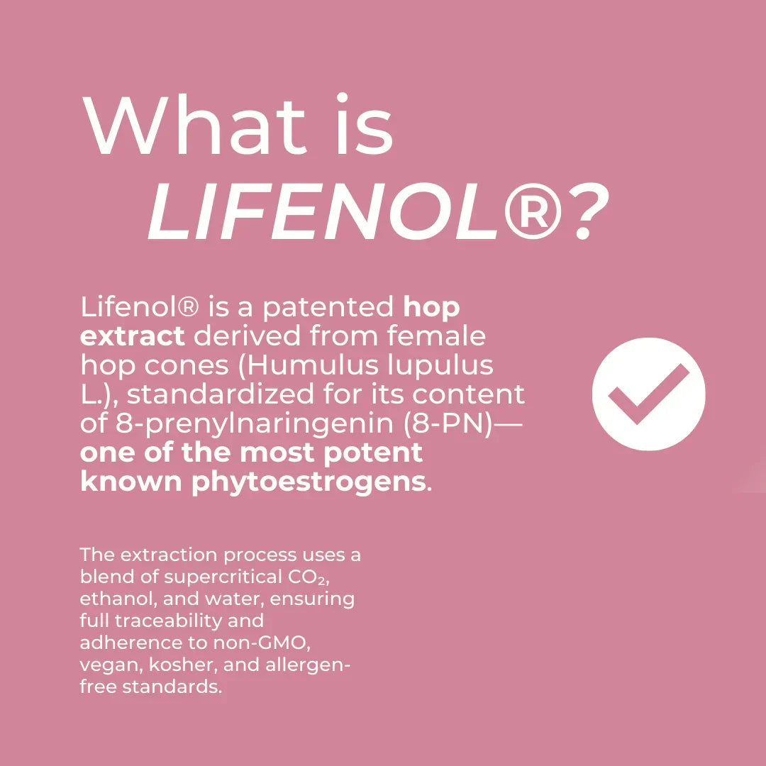 What is Lifenol? infographic – pink background explaining Lifenol is a patented hop extract from female hop cones (Humulus lupulus L.) standardised for 8-prenylnaringenin (8-PN), one of the most potent known phytoestrogens; extraction uses supercritical CO2 ethanol and water; non-GMO vegan kosher allergen-free