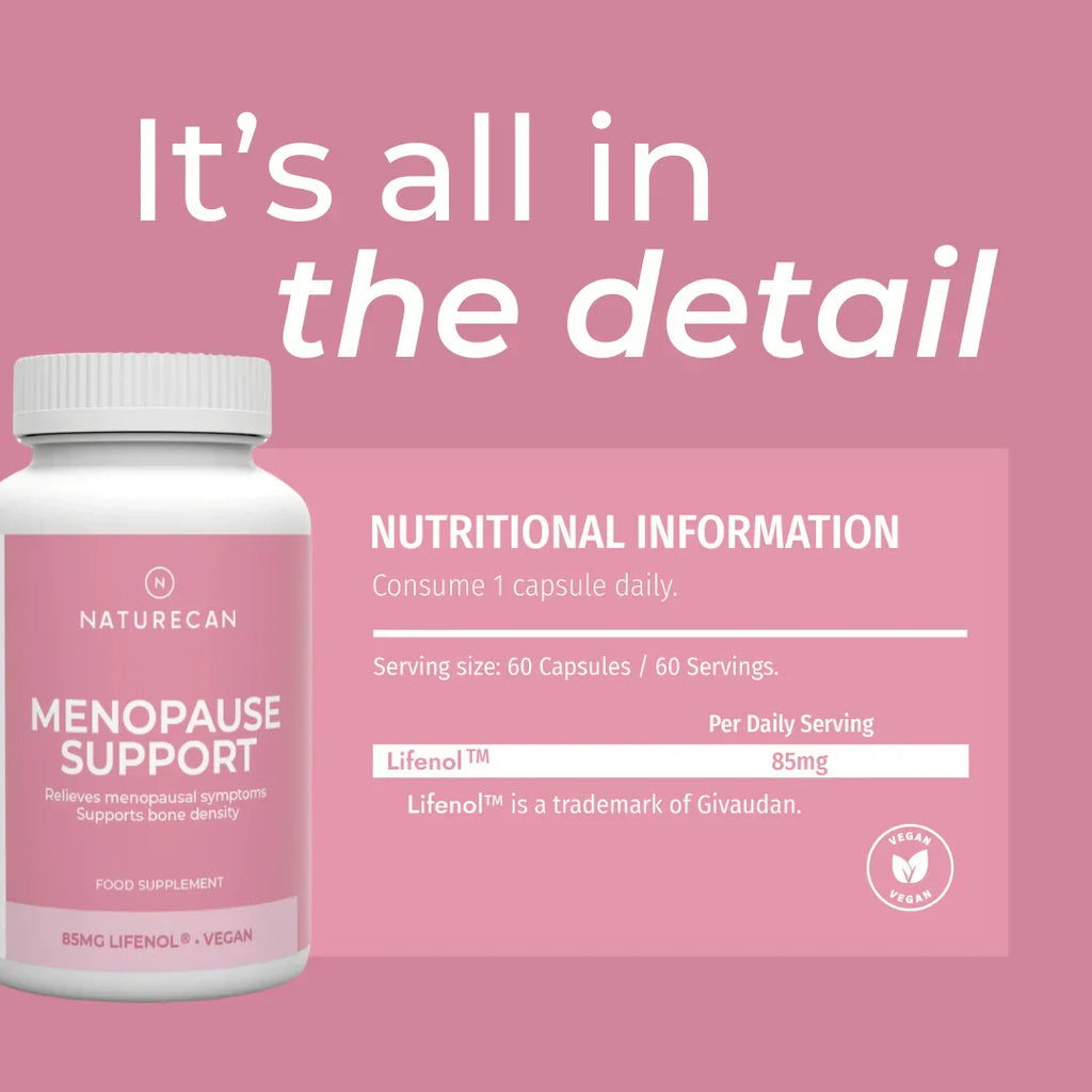 Menopause Support Capsules nutritional information infographic – pink background showing 60 capsules per 60 servings (1 capsule daily), Lifenol 85mg per daily serving (trademark of Givaudan); vegan