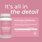 Menopause Support Capsules nutritional information infographic – pink background showing 60 capsules per 60 servings (1 capsule daily), Lifenol 85mg per daily serving (trademark of Givaudan); vegan