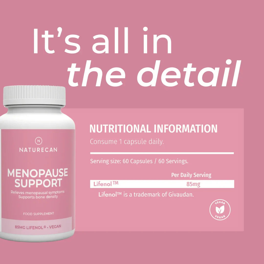Menopause Support Capsules nutritional information infographic – pink background showing 60 capsules per 60 servings (1 capsule daily), Lifenol 85mg per daily serving (trademark of Givaudan); vegan