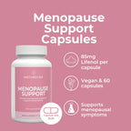 Naturecan Menopause Support Capsules product highlights infographic – pink background showing bottle with callouts: 85mg Lifenol per capsule, vegan and 60 capsules, supports menopausal symptoms, capsule size 2cm