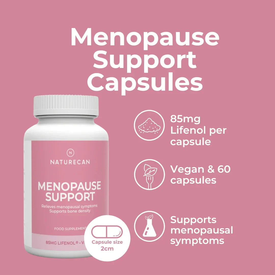 Naturecan Menopause Support Capsules product highlights infographic – pink background showing bottle with callouts: 85mg Lifenol per capsule, vegan and 60 capsules, supports menopausal symptoms, capsule size 2cm