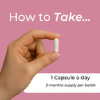 How to take Menopause Support Capsules infographic – pink background with hand holding white capsule; take 1 capsule a day, 2-months supply per bottle