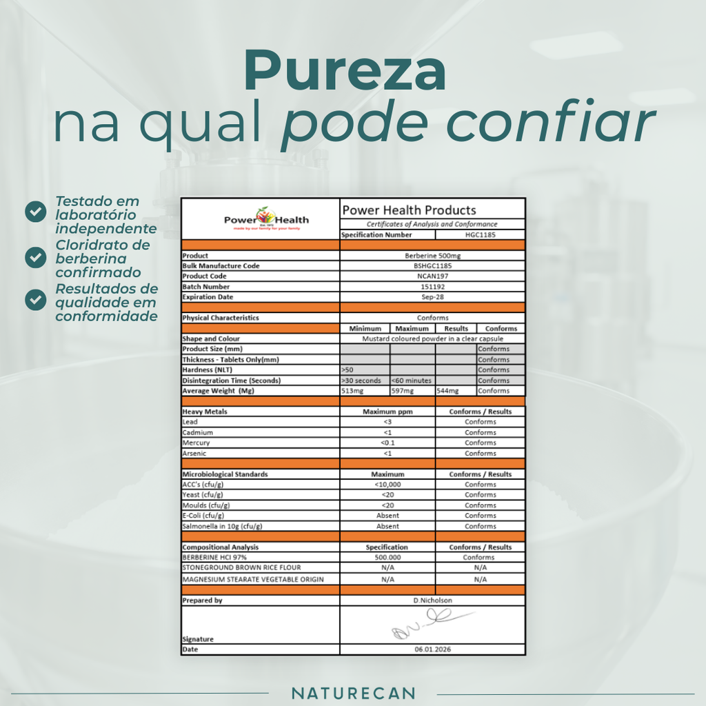 Berberina certificado de análise