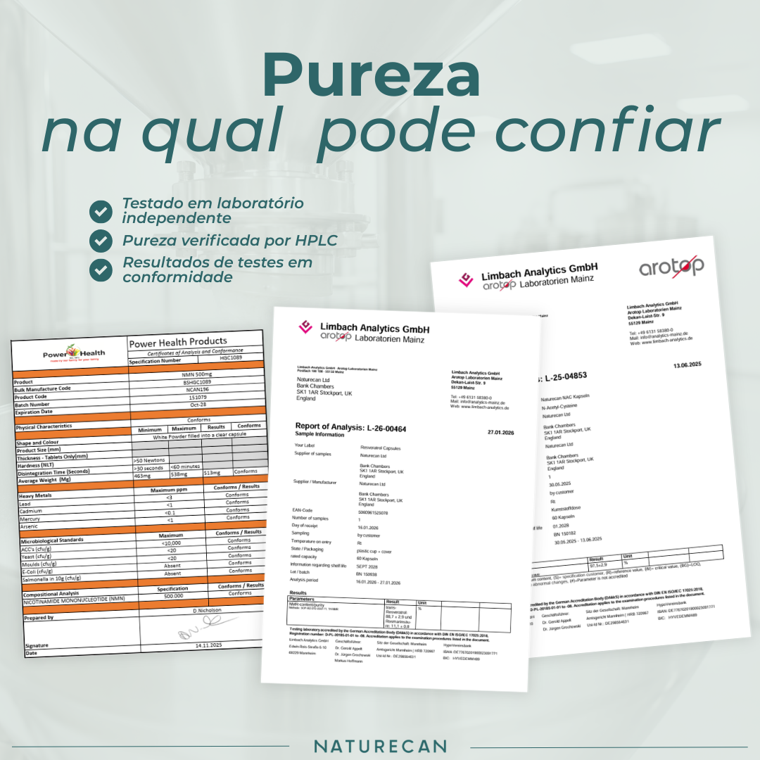 Packs Anti-Aging: NMN | NAC | Resveratrol análise laboratorial