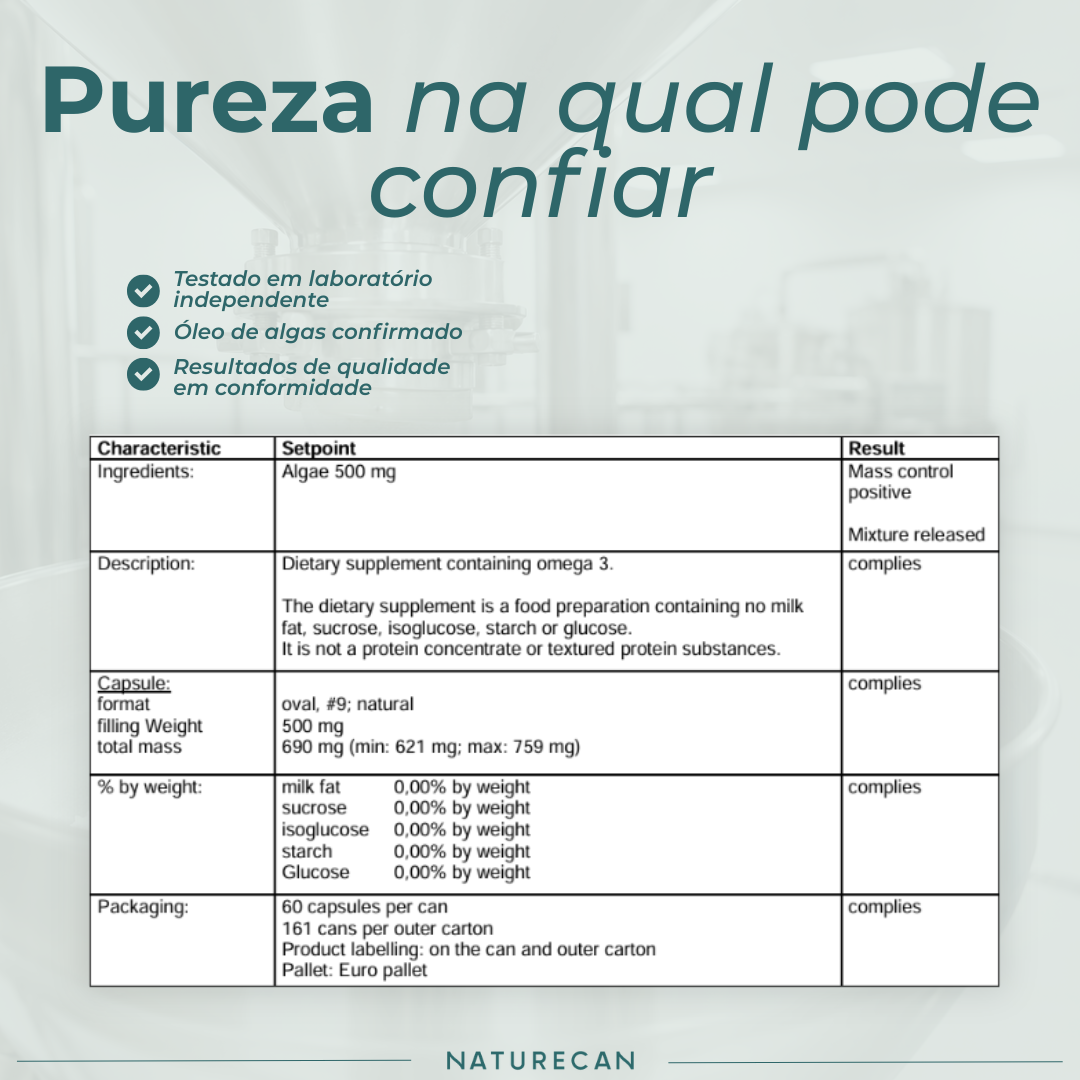 Ómega-3 vegano certificado de análise