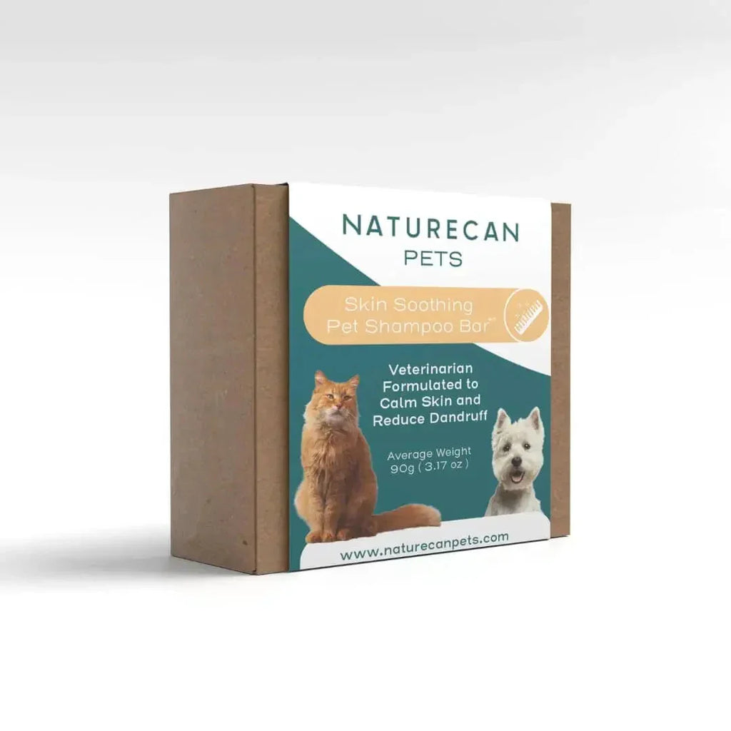 Naturecan Pets Skin Soothing Pet Shampoo Bar – cardboard gift box with teal and white label, veterinarian formulated to calm skin and reduce dandruff, average weight 90g (3.17 oz), featuring orange fluffy cat and white West Highland Terrier images