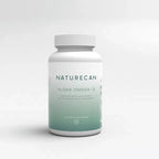 Naturecan Algae Omega-3 supplement – white and teal gradient bottle, EPA and DHA contribute to the normal function of the heart, suitable for vegans, Naturecan N logo